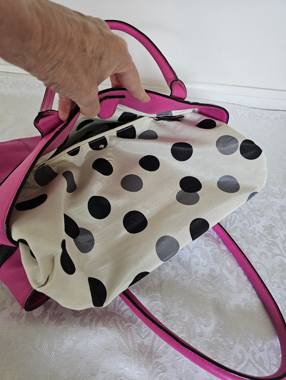 Kate Spade Rosa Mount Pink Leather Tote with Black Trim and Patent Leather Bow - Picture 11 of 16